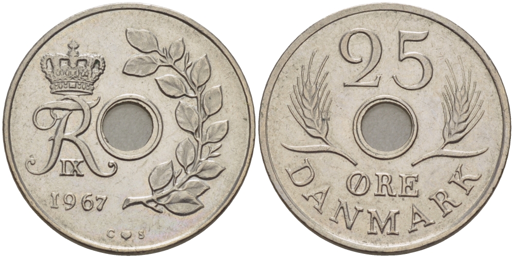 Дания 25 эре 1967 С; S, Фредерик IX (1947-1972) KM 855.1 медно-никель 67-555