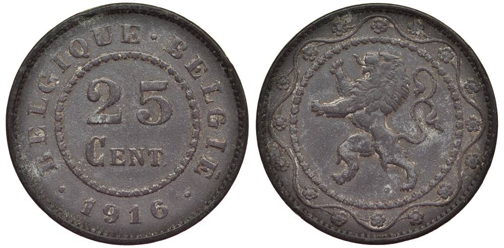 БЕЛЬГИЯ 25 САНТИМОВ 1916 BELGIQUE-BELGIE, ГЕРМАНСКАЯ ОККУПАЦИЯ, ПЕРВАЯ МИРОВАЯ ВОЙНА KM 82 цинк 27-941