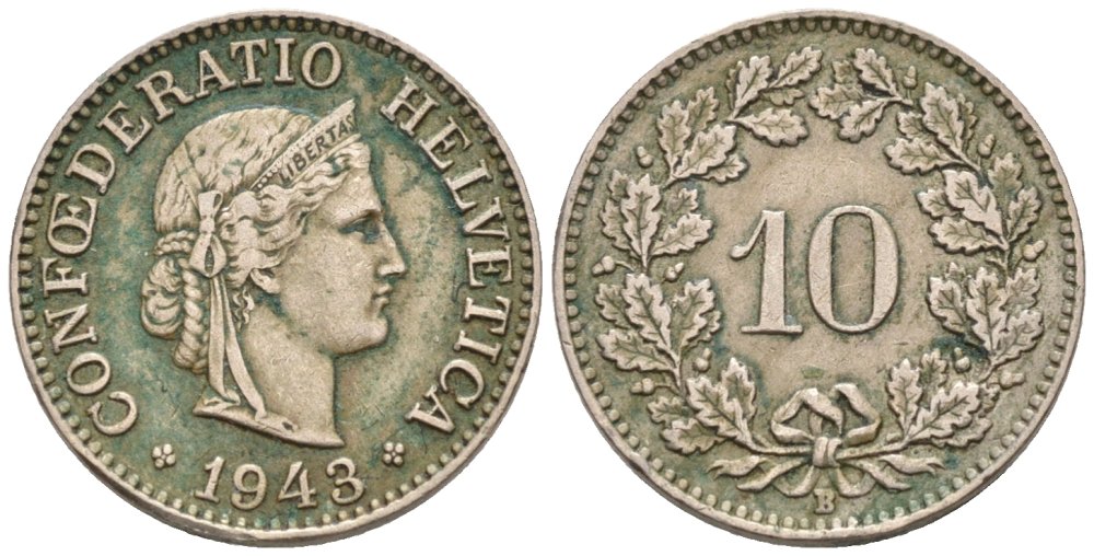 Швейцария 10 раппенов 1943 В KM 27 медно-никель 4576-943