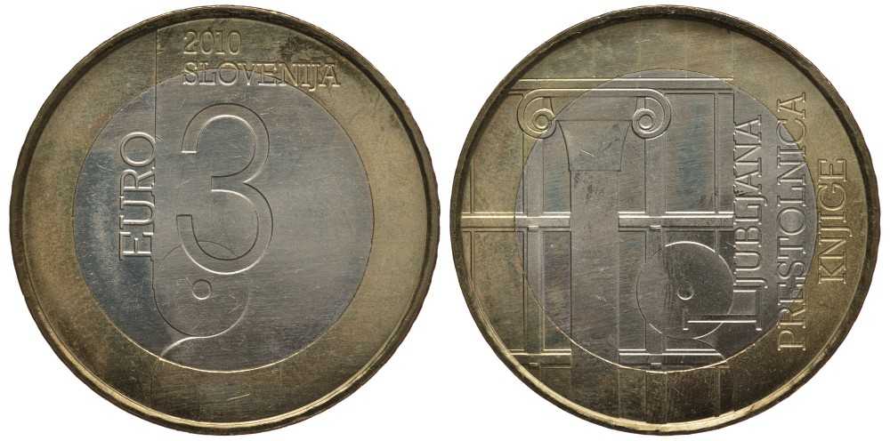 Словения 3 евро 2010 Любляна - всемирная столица книги KM 95 биметалл 107-333