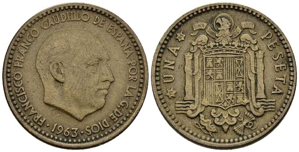 ИСПАНИЯ 1 ПЕСЕТА 1963 (65) ФРАНСИСКО ФРАНКО ДИКТАТОР ИСПАНИИ (1939-1975) KM 775 алюминиевая бронза 117-243