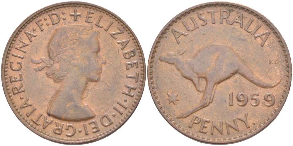 АВСТРАЛИЯ 1 ПЕННИ 1959 р, ЕЛИЗАВЕТА II (1953-), КЕНГУРУ KM 56 бронза 32-725