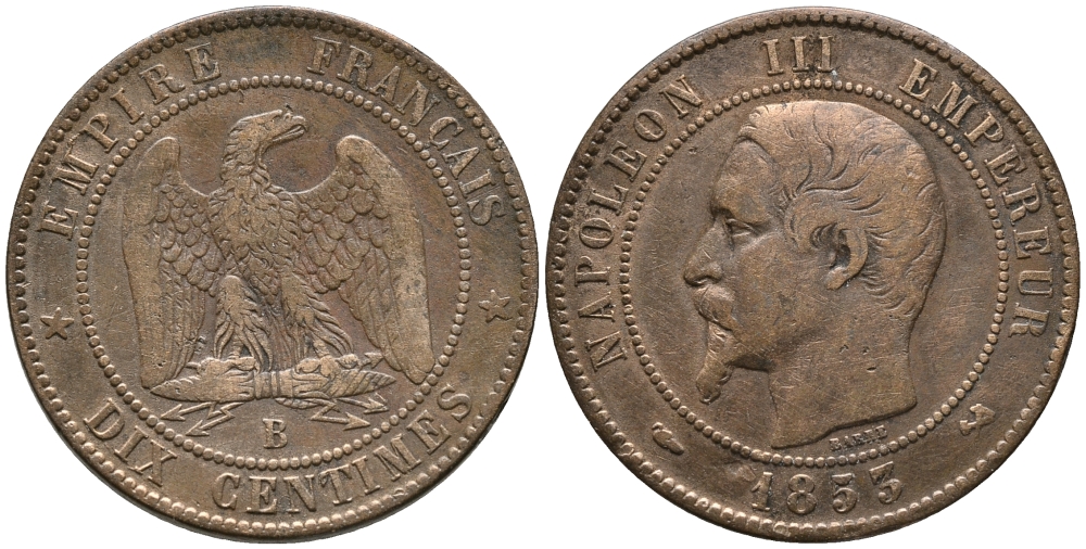 ФРАНЦИЯ 10 САНТИМОВ 1853 В, НАПОЛЕОН III (1852-1870) KM 771.2 бронза 32-923