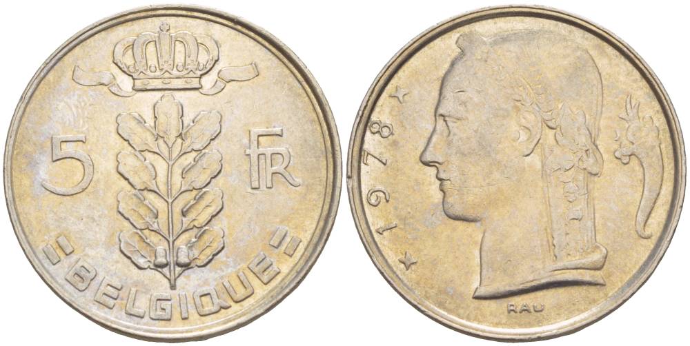 БЕЛЬГИЯ 5 ФРАНКОВ 1978 BELGIQUE, БОДУЭН I (1951-1993) KM 134.1 медно-никель 4546-327