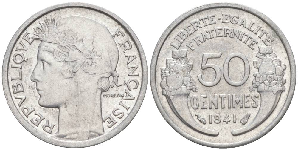 ФРАНЦИЯ 50 САНТИМОВ 1941 ТИП MORLON LOURDE KM 894.1a, LE FRANC 193.2 алюминий 44-313
