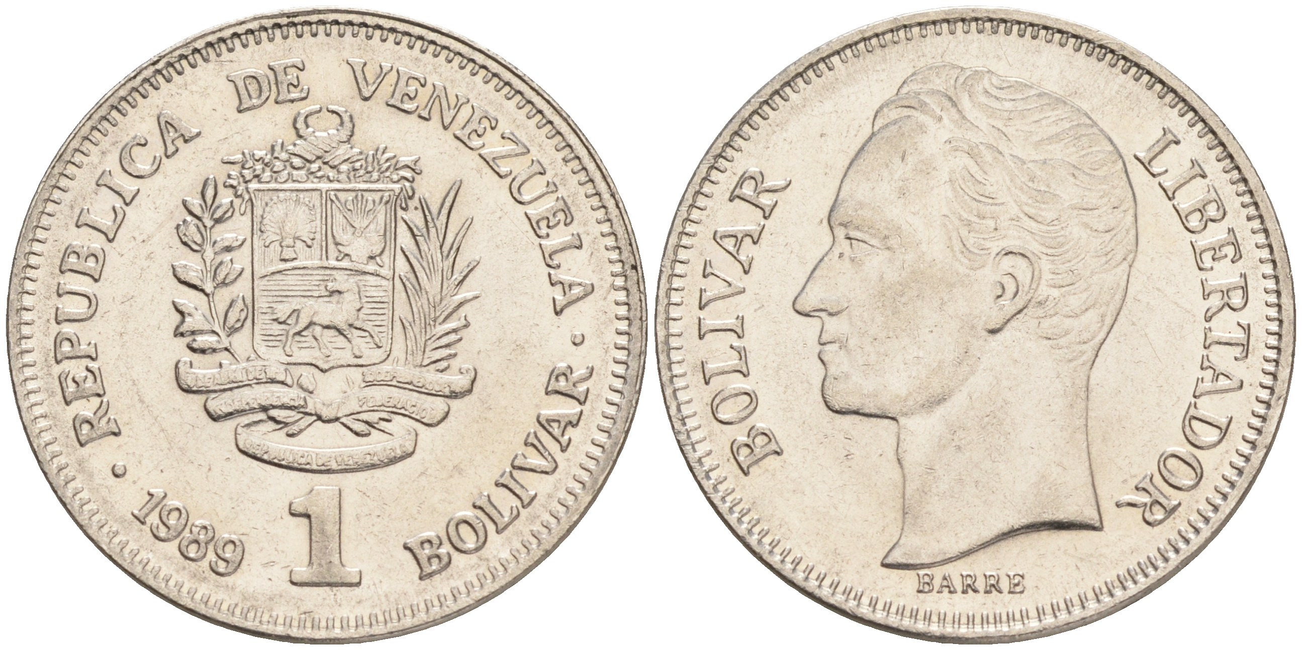 Венесуэла 1 боливар 1989 Симон Боливар KM 52a.2 сталь плакированная никелем 4556-821
