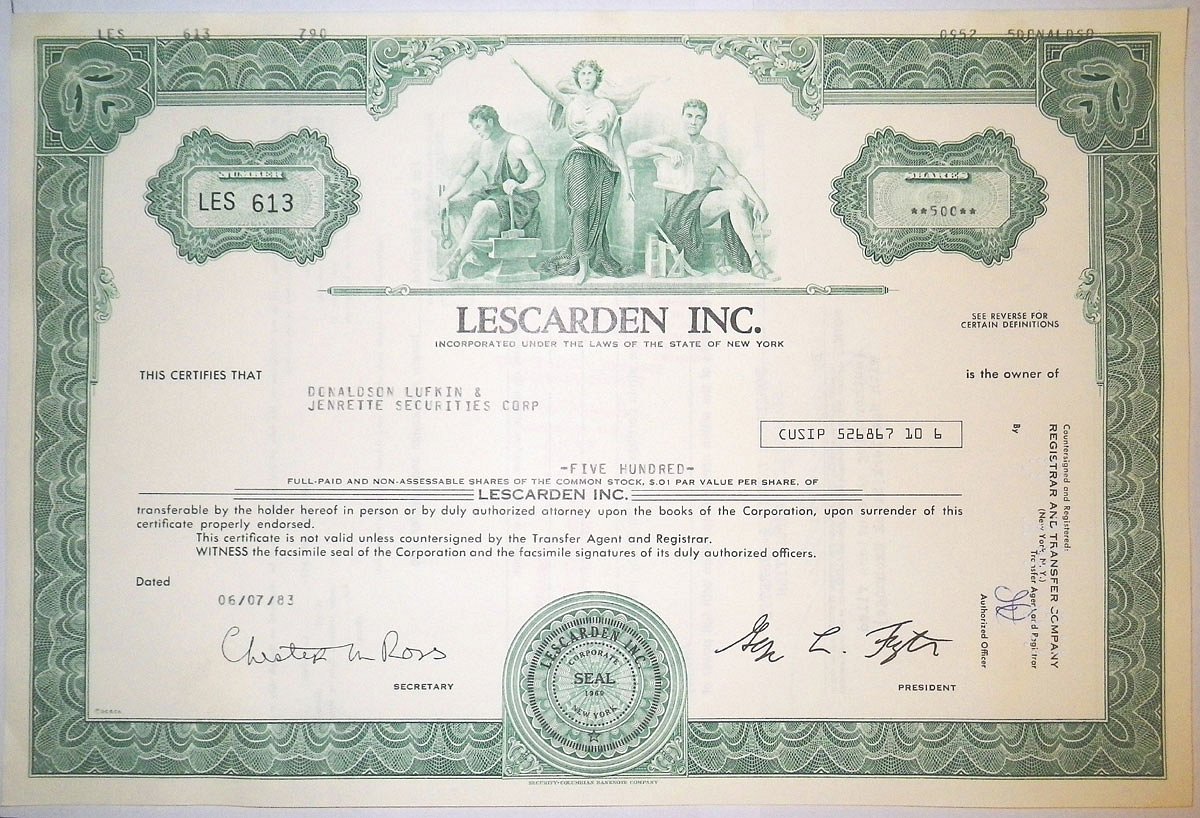 США, Lescarden Inc. 500 акций 1983 бумага 8805-48-1