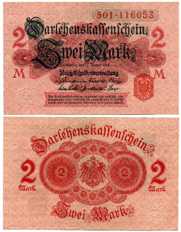 ГЕРМАНИЯ 2 МАРКИ 1914 РОЗОВАЯ БУМАГА, КРАСНАЯ ПЕЧАТЬ. СЕРИЯ 501 Pick 54, Rosenberg 52c бумага 7523-46-1