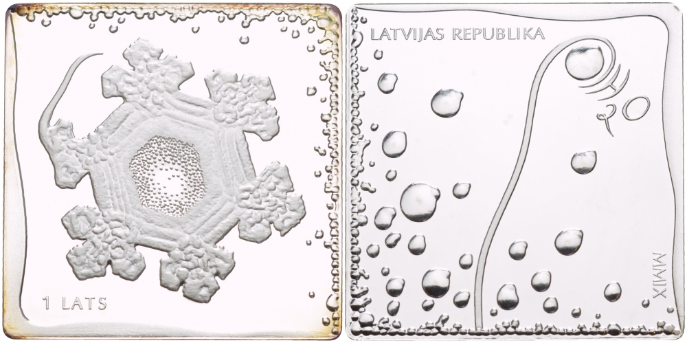 Латвия 1 лат 2009 H2O - вода, квадратная KM 104 серебро PROOF 1088-4-42