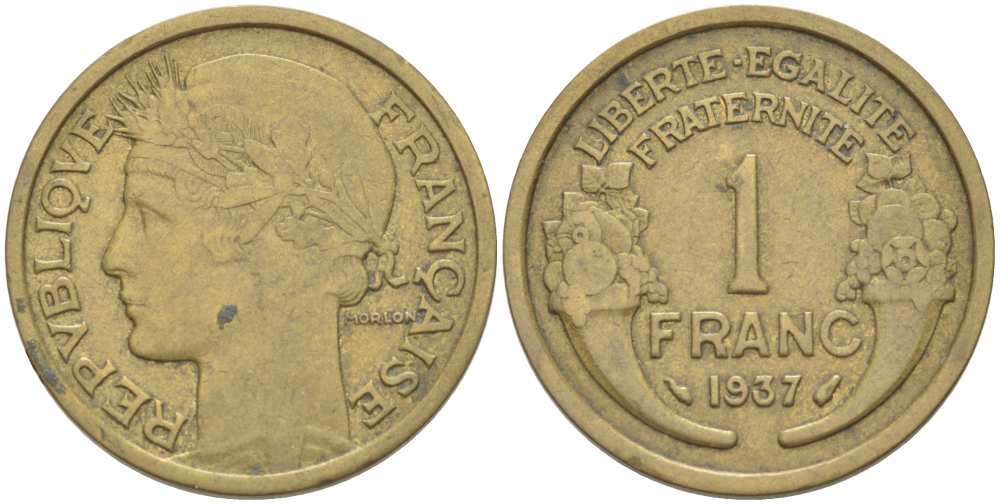 ФРАНЦИЯ 1 ФРАНК 1937 ТИП МОРЛОН KM 885, LE FRANC 219.8 алюминиевая бронза 217-226