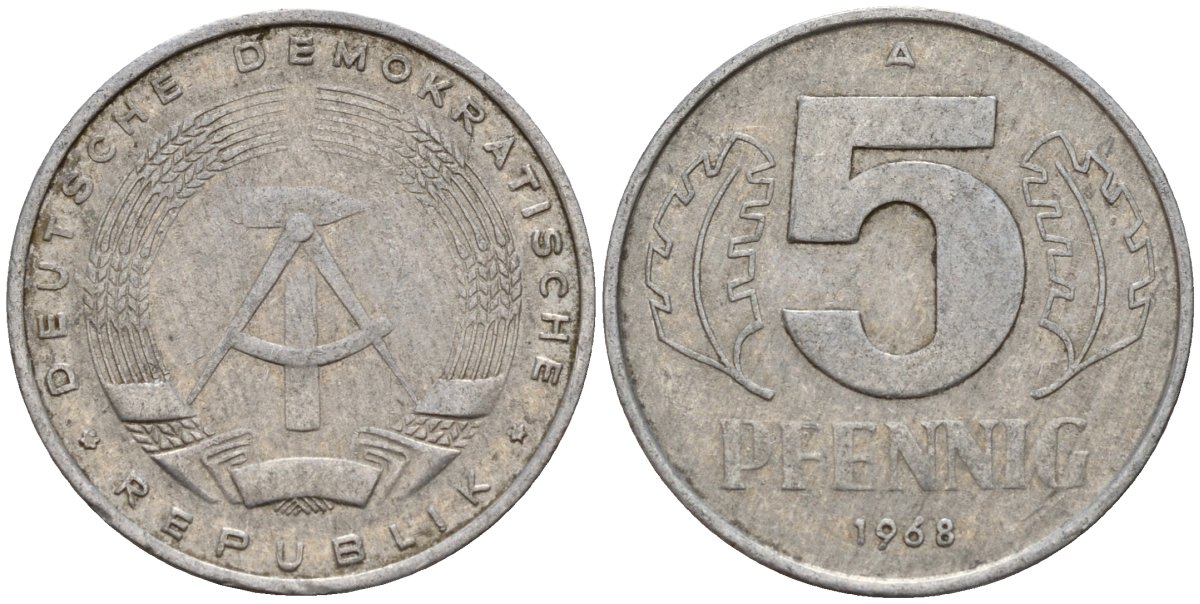 ГДР 5 пфеннигов 1968 A KM 9.1 алюминий 211-848