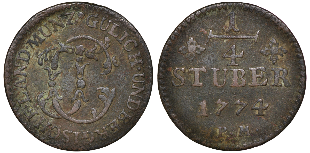 Юлих-Берг 1/4 штюбера 1774 PM, Карл Теодор (1777-1799) KM 205 медь 1523-812
