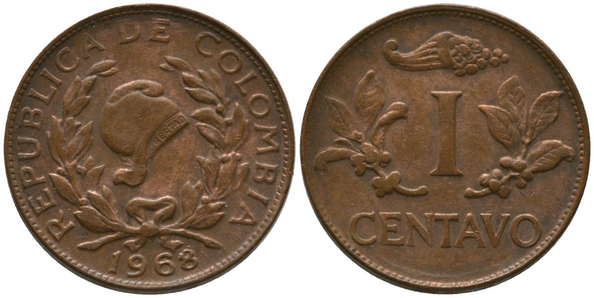 Колумбия 1 сентаво 1968 KM 205a, Schon 25a, Hernandez  336, Restrepo 352 сталь плакированная бронзой 4576-1164