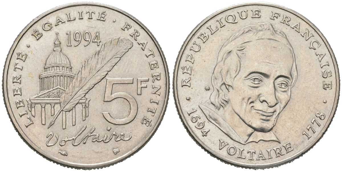 Франция 5 франков 1994 300 лет со дня рождения Вольтера KM 1063, Le Franc 344.2 никель UNC 4599-314