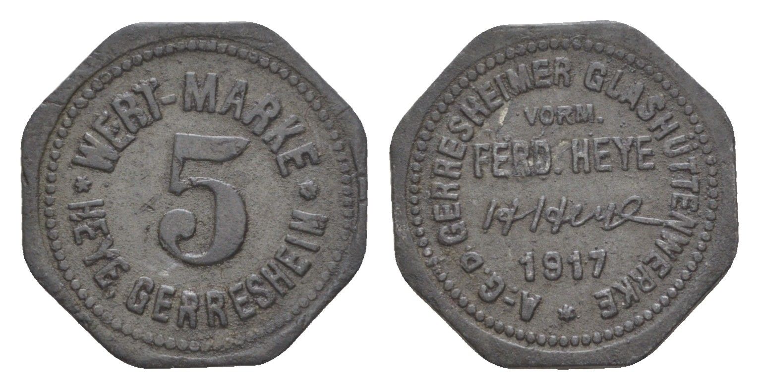Герресхайм 5 пфеннигов 1917 Glash?ttenwerk vorm. Ferd. Heye Men18 11175.5, Men22.2 11175.5, Hasselmann 373.1.3 цинк 4639-138