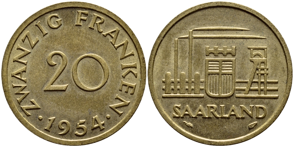 Саарланд 20 франков 1954 индустрия KM 2 алюминиевая бронза 87-322