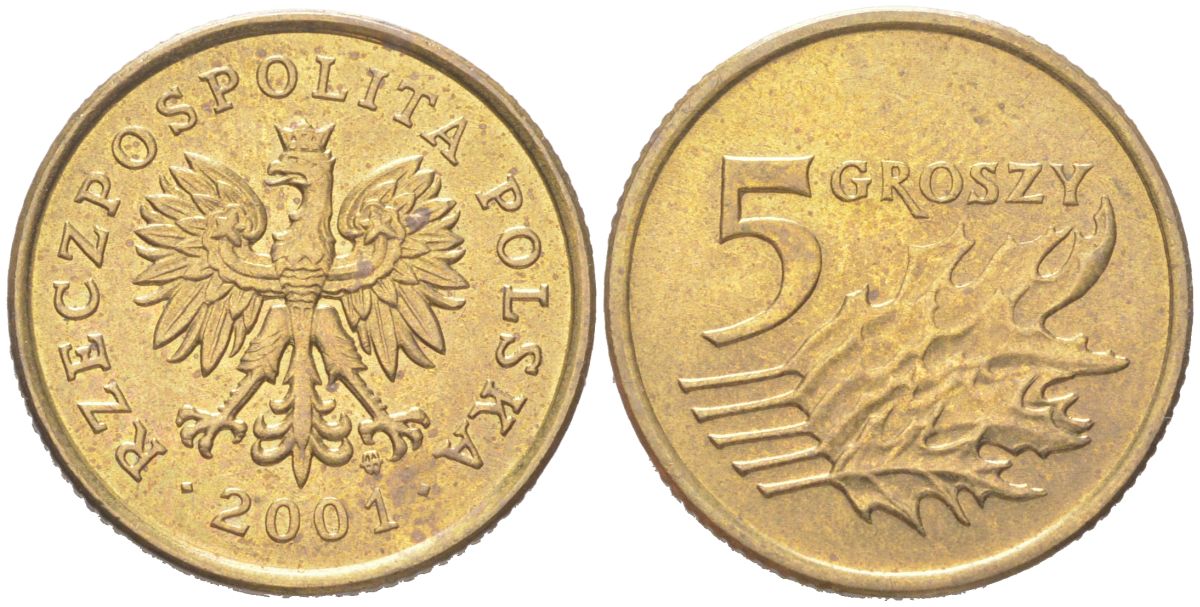 Польша 5 грошей 2001 MW KM 278 латунь UNC 4614-622