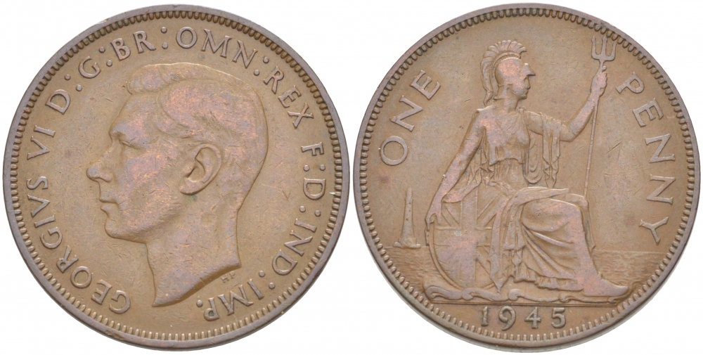 Великобритания 1 пенни 1945 Георг VI (1936-1952) KM 845, Spink 4114 бронза 4403-642