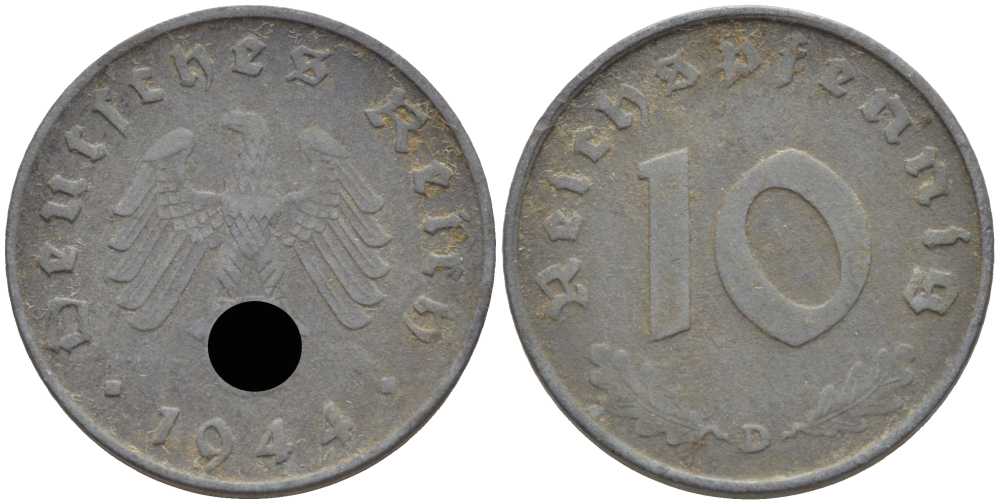 ГЕРМАНИЯ 10 РЕЙХСПФЕННИГОВ 1944 D KM 101, J. 371 цинк 4401-533
