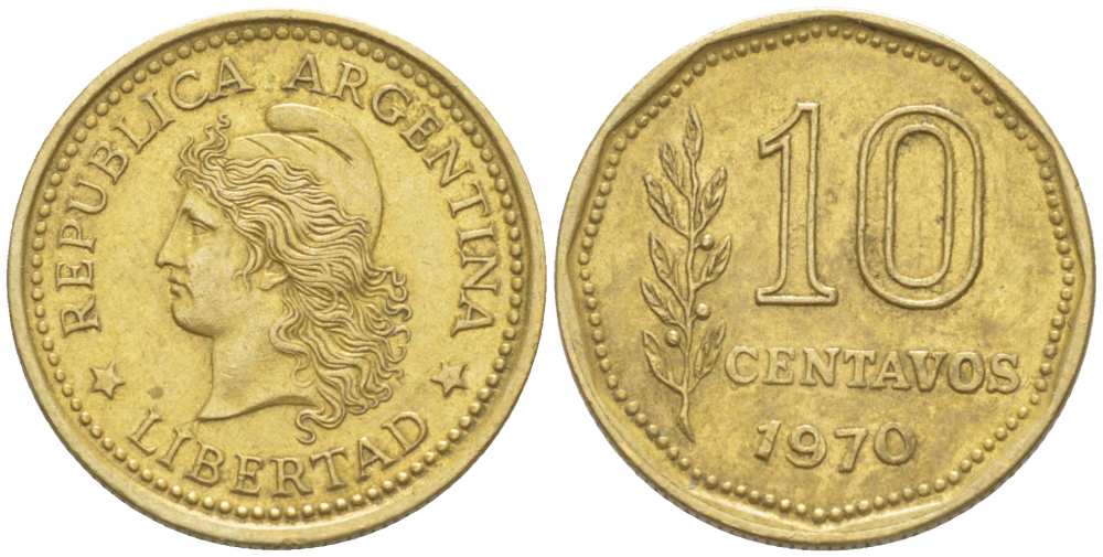 Аргентина 10 сентаво 1970 голова свободы влево KM 66 алюминиевая бронза 4514-921