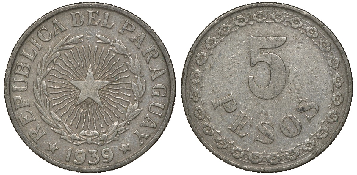 ПАРАГВАЙ 5 ПЕСО 1939 ГОД ТИП KM 18 медно-никель 72-1521
