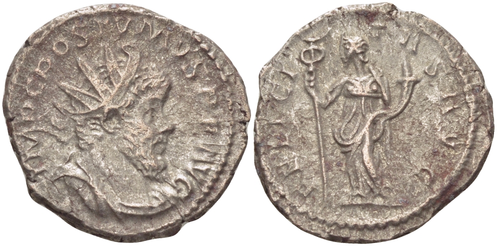 Римская Империя (императоры в Галлии) антониниан 260 - 269 Постум. IMP C POSTVMVS P F AVG / FELICITAS AVG, Фелицитата с кадуцием и рогом Изобилия, Колония Агриппины, Good Very fine RIC 58 биллон 1073-13-25