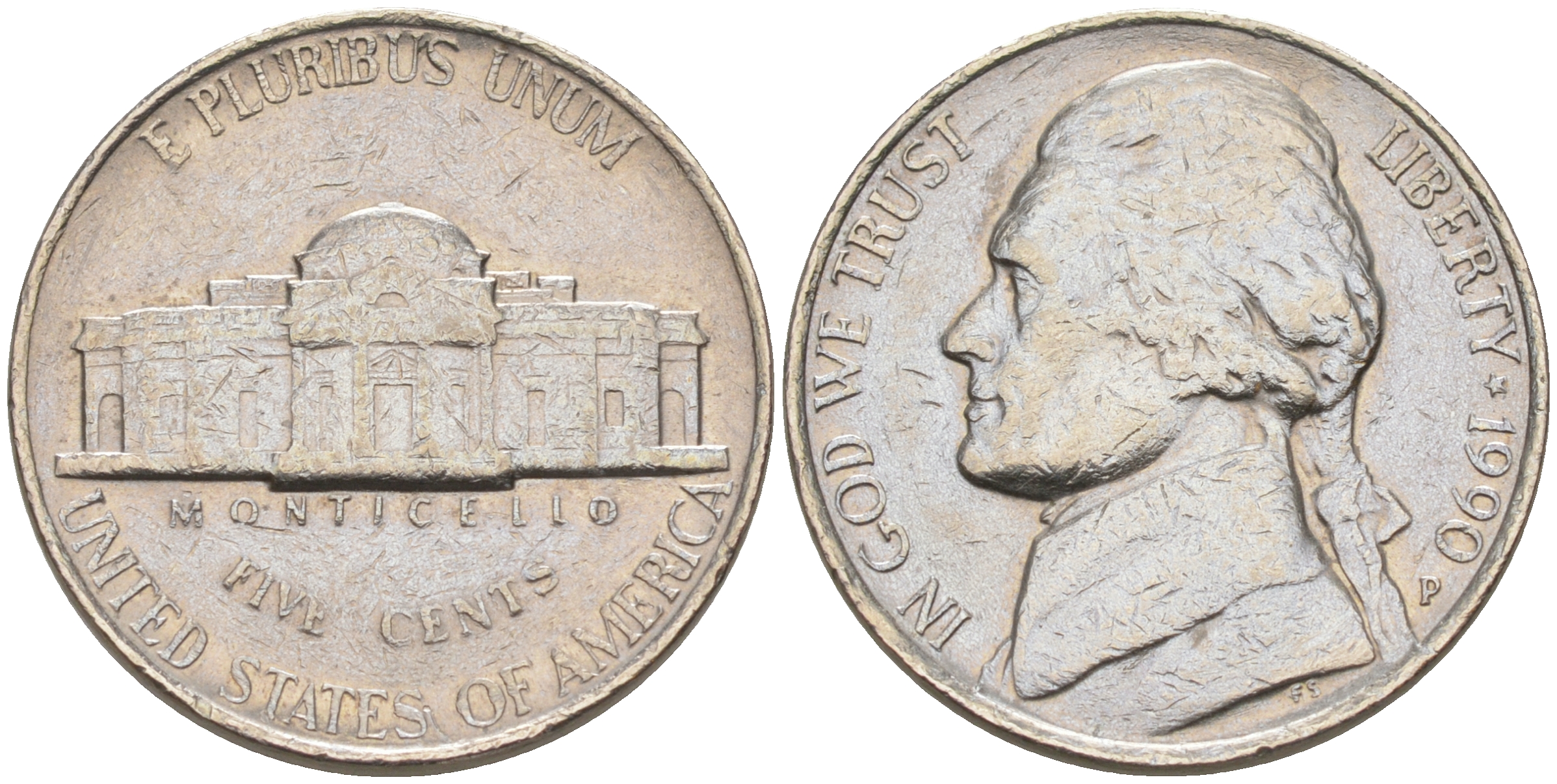 США 5 ЦЕНТОВ 1990 P, ДЖЕФФЕРСОН KM A192 медно-никель 190-153