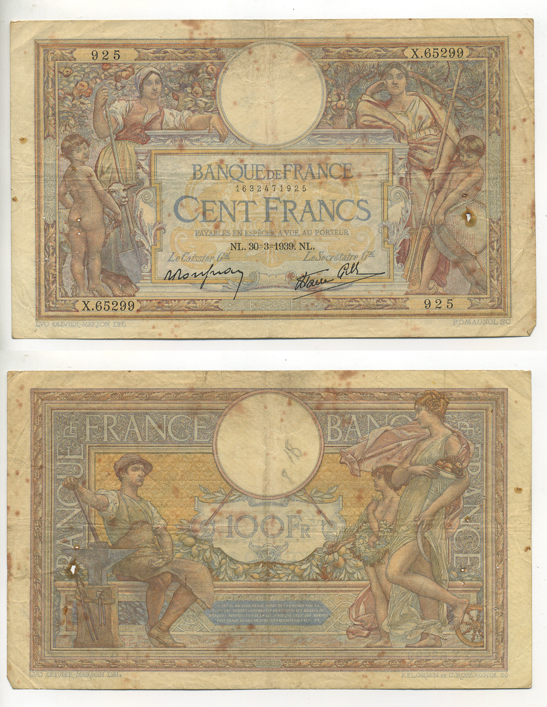 ФРАНЦИЯ 100 ФРАНКОВ 1939 30 МАРТА 1939 Pick 86b бумага 7552-13-1