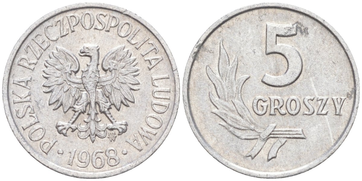 Польша 5 грошей 1968 MW, редкий год KM A46, Parchimowicz 204i алюминий 187-435