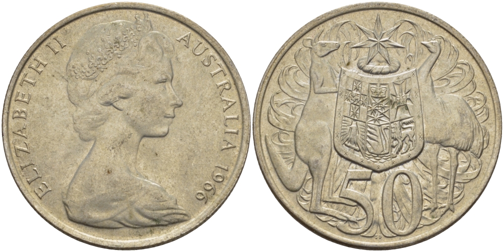 Австралия 50 центов 1966 Елизавета II (1952-2022), герб Австралии, кенгуру KM 67 серебро 82-821
