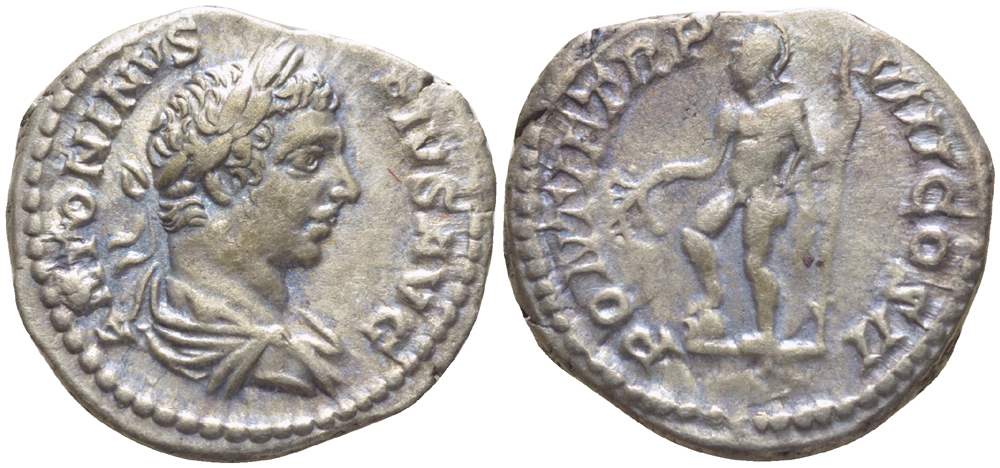 Римская Империя денарий 205 Каракалла, ANTONINVS PIVS AVG, бюст императора / PONTIF TRP VIII COS II, бог Марс, Рим, 3,10 гр RIC 80b серебро 1073-18-21