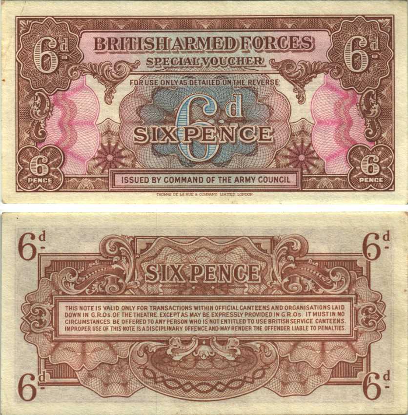 АНГЛИЯ 6 ПЕНСОВ 1946 ДЛЯ ВООРУЖЕННЫХ СИЛ, СПЕЦИАЛЬНЫЙ ВАУЧЕР Pick M10а бумага XF 7551-4-4-1