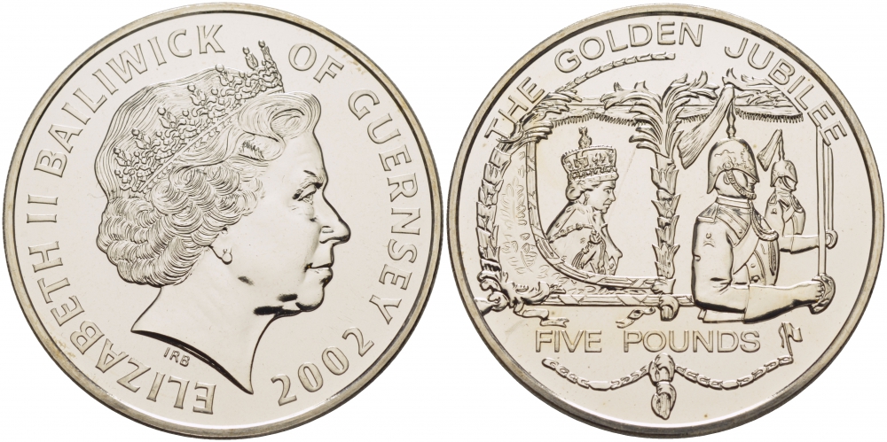 Гернси 5 фунтов 2002 50 лет правления королевы Елизавты II (королева в карете) KM 119 медно-никель UNC 04-092-31-M15-16