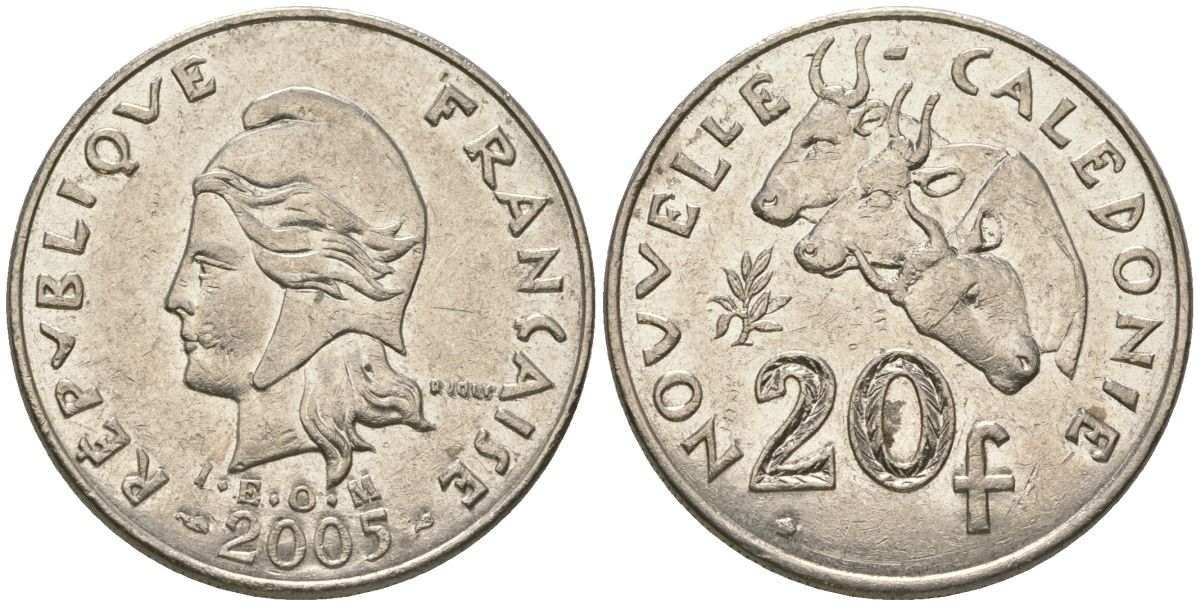 Французская Новая Каледония 20 франков 2005 три быка, (IEOM) KM 12, Schoen 14, Lec 115i никель 81-915