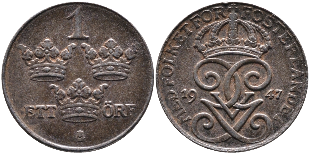 Швеция 1 эре 1947 Густав V (1907-1950) KM 810 железо 4387-544