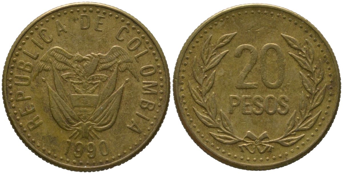 Колумбия 20 песо 1990 KM 282 алюминиевая бронза 4528-861