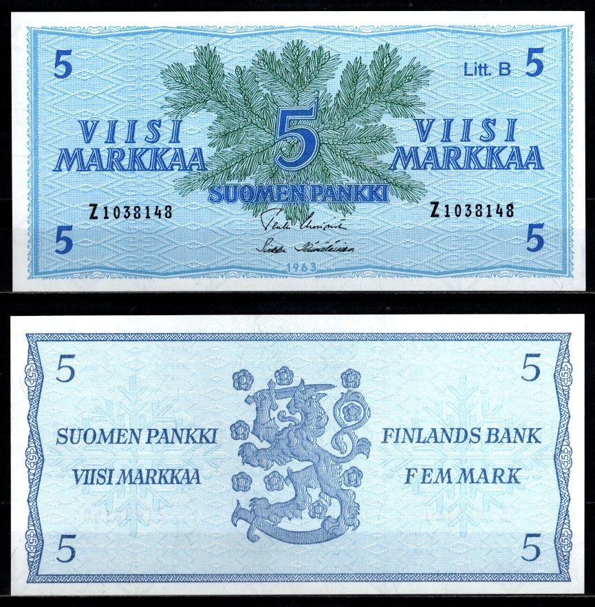 Финляндия 5 марок 1963 Pick 106 Aa (23) бумага UNC (пресс) 2198-6-1-2