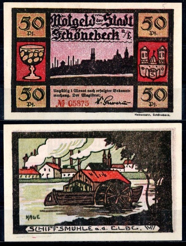 Шёнебек-на-Эльбе (Пруссия, Саксония) 50 пфеннигов 1921 Mehl Grabowski 1196.1a-5/5 бумага UNC (пресс) 7553-23-2-2