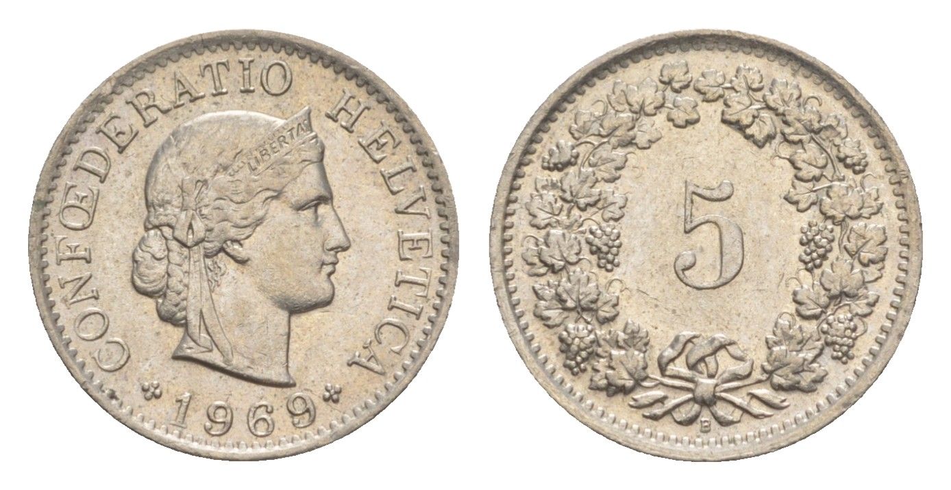 Швейцария 5 раппенов 1969 B KM 26 медно-никель UNC 4649-645