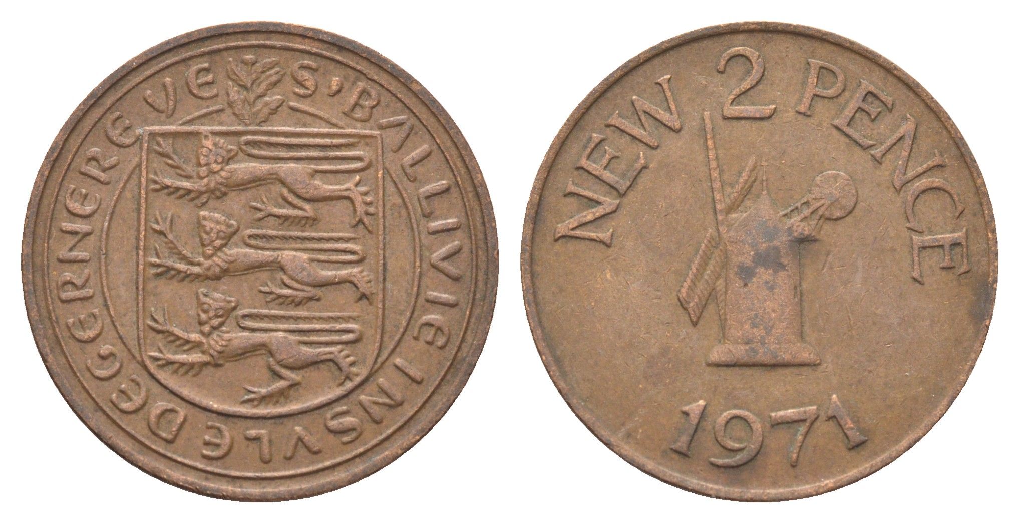 Гернси 2 новых пенса 1971 Елизавета II (1952-2022), ветряная мельница KM 22 бронза 4703-1144