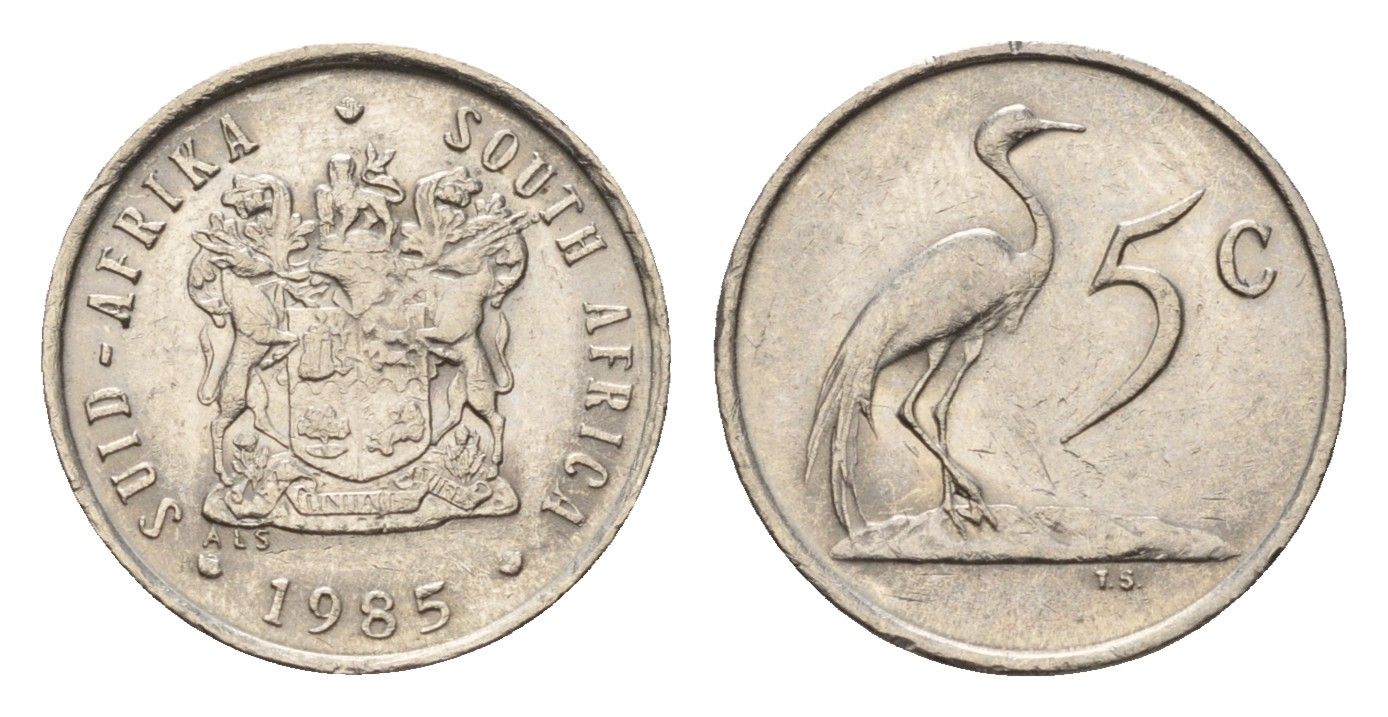ЮАР 5 центов 1985 герб, райский журавль KM 84 никель 4643-252