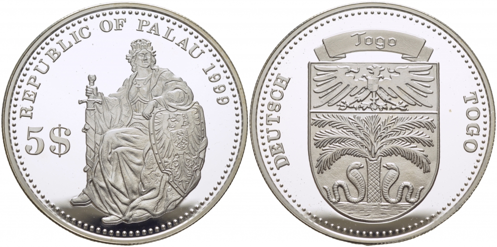 Палау 5 долларов 1999 немецкие колонии, Того KM 24 серебро PROOF 1077-9-64