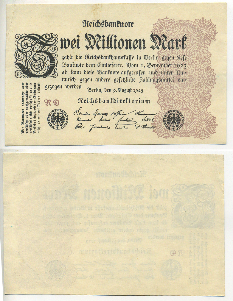 Германия 2000000 марок 1923 9 августа 1923, водяной знак L, серия RD Pick 104 b, Rosenberg 103 c бумага 7217-59-2-1