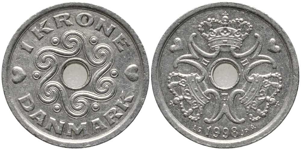 ДАНИЯ 1 КРОНА 1998 LG; JP; A, МАРГРЕТЕ II (1972-) KM 873.1 медно-никель 113-755