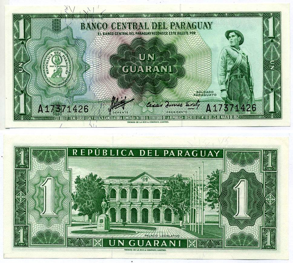 Парагвай 1 гуарани 1952 (1963) солдат, законодательный дворец Pick 193 a (2) бумага UNC (пресс) 7207-30-2