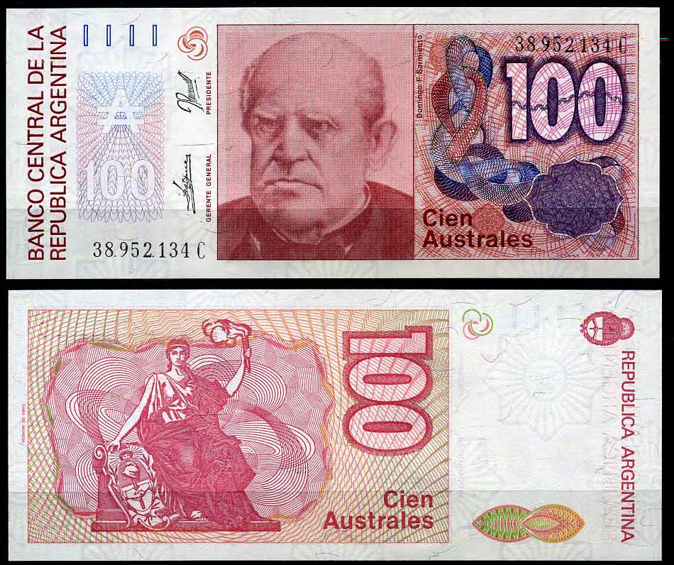 Аргентина 100 аустралей ND (1985-1990) серия С, Фаустино Сармьенто, Аргентинский военный деятель, масон Pick 327 c бумага UNC (пресс)   447-4-3