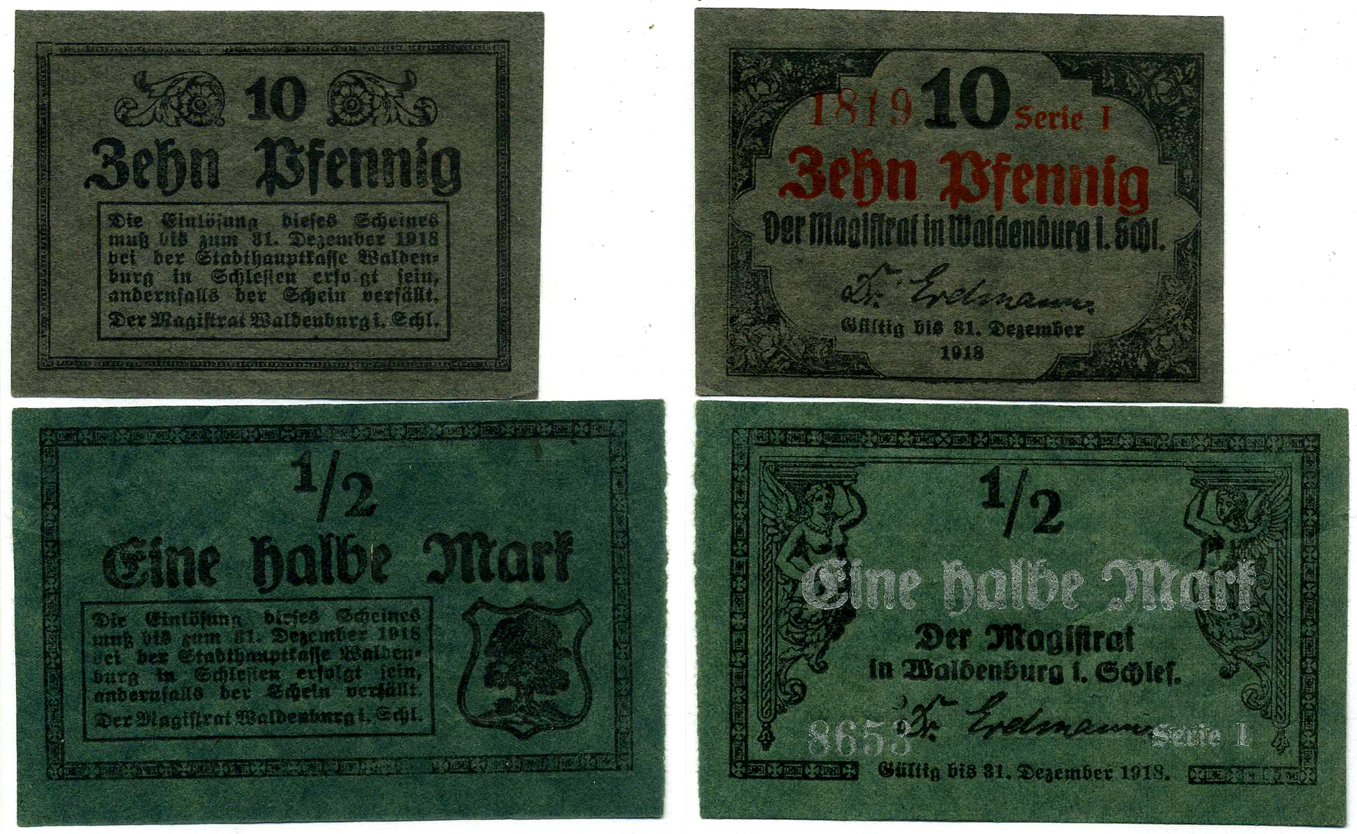 ВАЛЬДЕНБУРГ НАБОР ИЗ 2 БАНКНОТ 1917-1918 ДО 31 ДЕКАБРЯ 1918, НОТГЕЛЬД (10 ПФЕННИГОВ И 1/2 МАРКИ), ЗЕМЛЯ СИЛЕЗИЯ Grabowski W3.1 бумага 2193-17-3-2