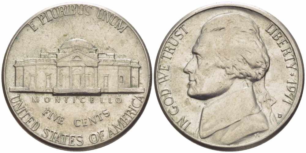 США 5 ЦЕНТОВ 1971 D, ДЖЕФФЕРСОН KM А192 медно-никель 4364-532