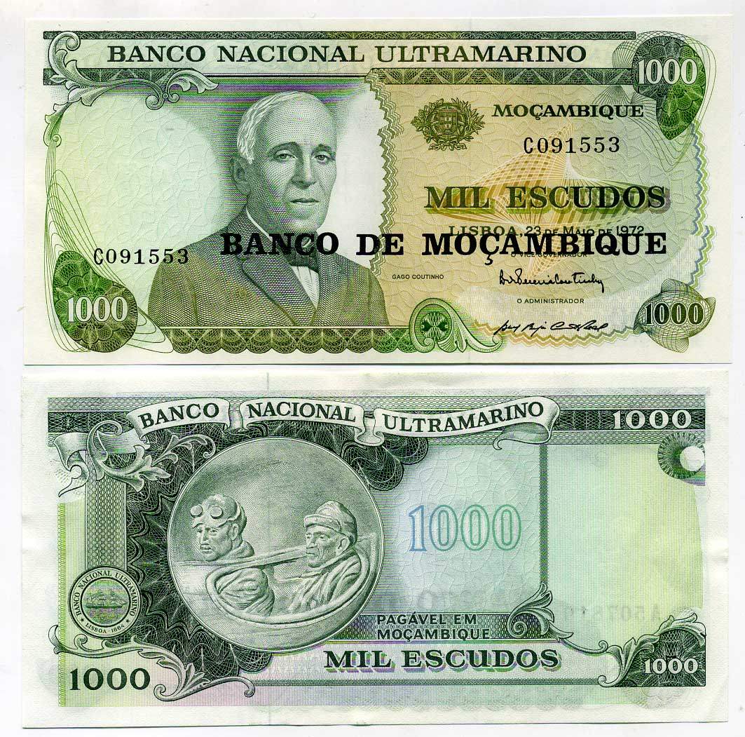 МОЗАМБИК ПОРТУГАЛЬСКИЙ 1000 ЭСКУДО 1976 НАДПЕЧАТКА НА 1972, ПОРТРЕТ ГАГО КАУТИНХО Pick 119 бумага UNC (ПРЕСС) 445-51-3