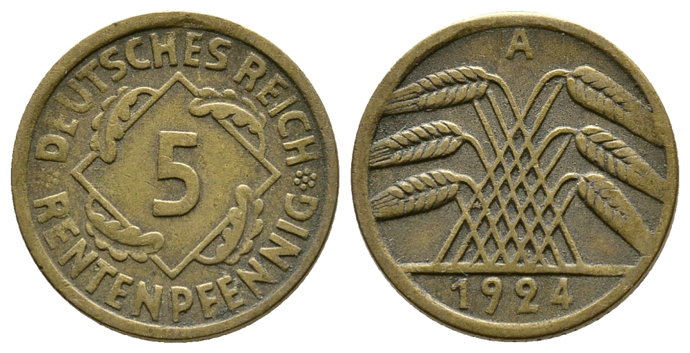 ГЕРМАНИЯ 5 РЕНТЕНПФЕННИГОВ 1924 A, KM 32, J. 308 алюминиевая бронза 4380-1016